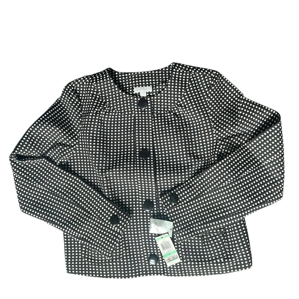 Charter Club Jacket Womens 8 Black White Polka Dot Collarless Short Pockets